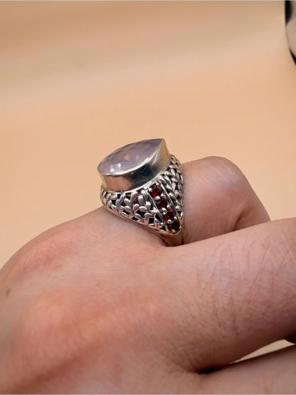 925 Sterling Silver Rose Quartz & Garnet Ring Size 9.